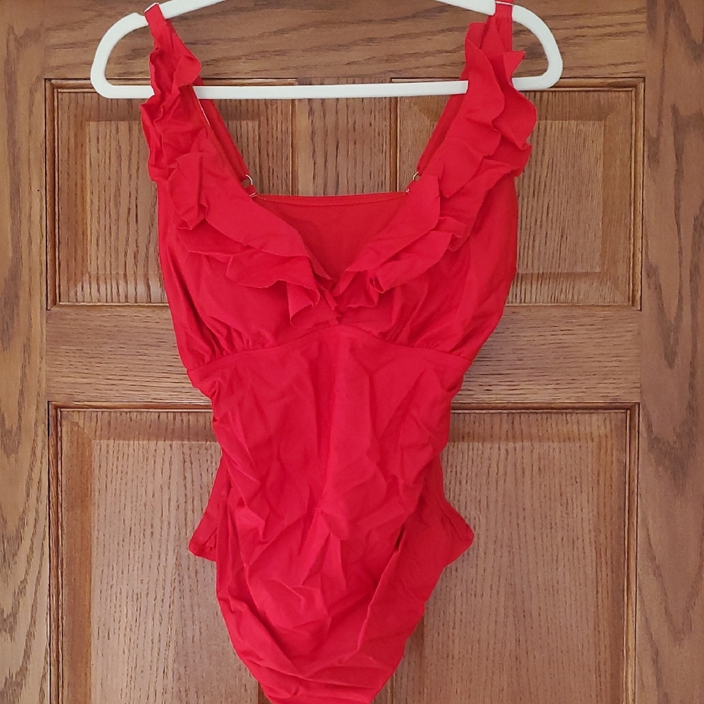 Womens Red Ruffled One Piece Swimsuit